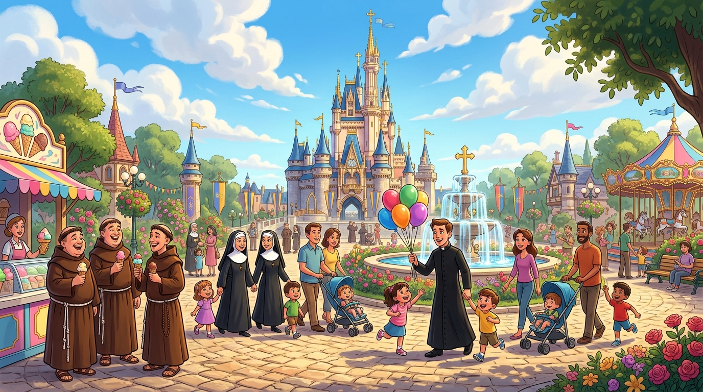 Catholic Disney Theme Park with Friars, Nuns, Priests, and Families